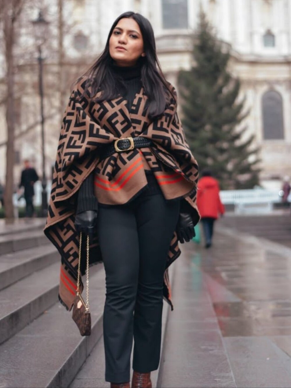 Poncho Brown and Black with Red Stripe Accents